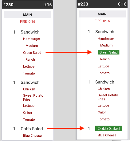 A comparison of two tickets, each for sandwiches and salads. The first ticket does not have color-coding for salad items and sides, the second ticket does.