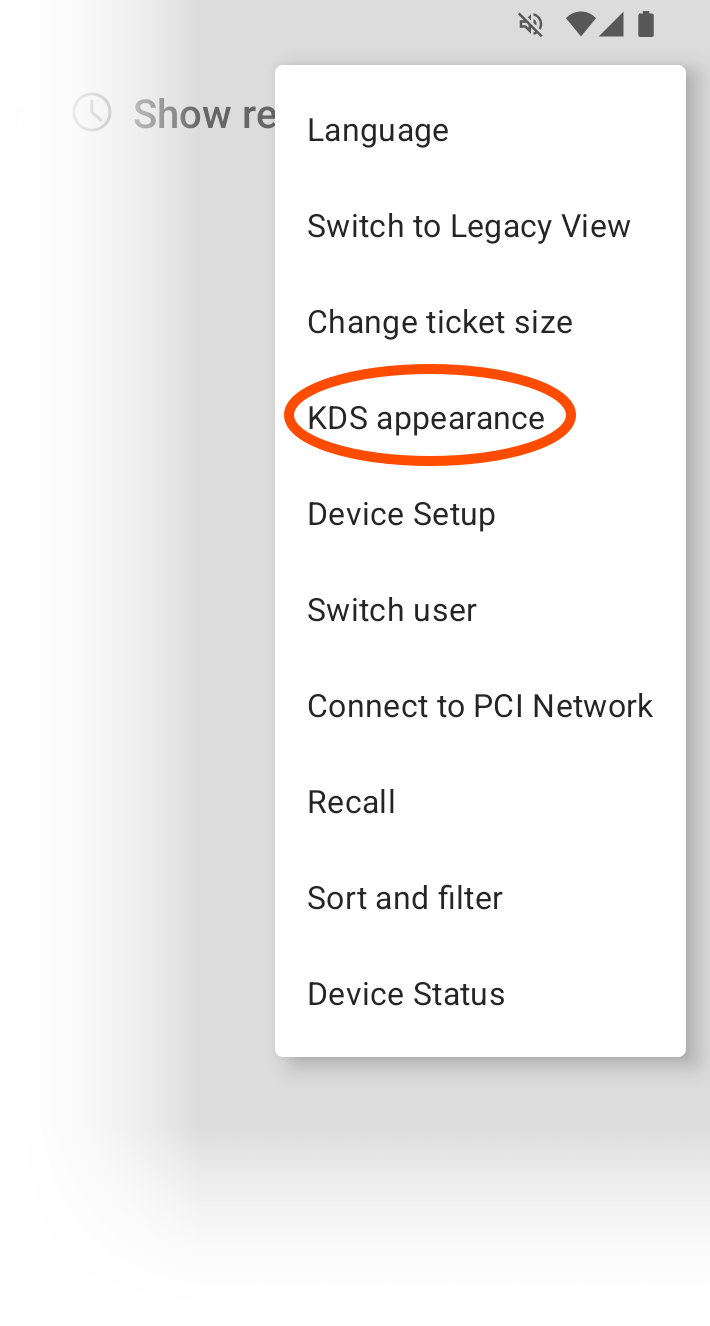 A KDS device with the overflow menu and the KDS appearance option selected.
