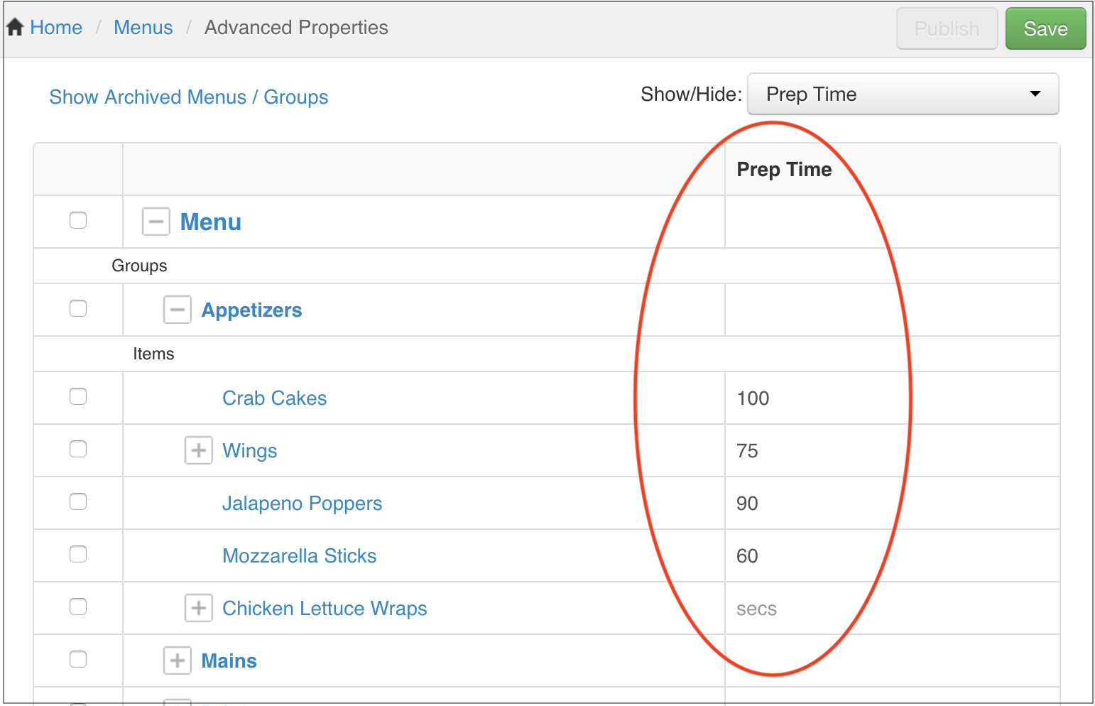 The Advanced Properties page showing items in the appetizers group with prep times in seconds entered in the cells of the prep time column.