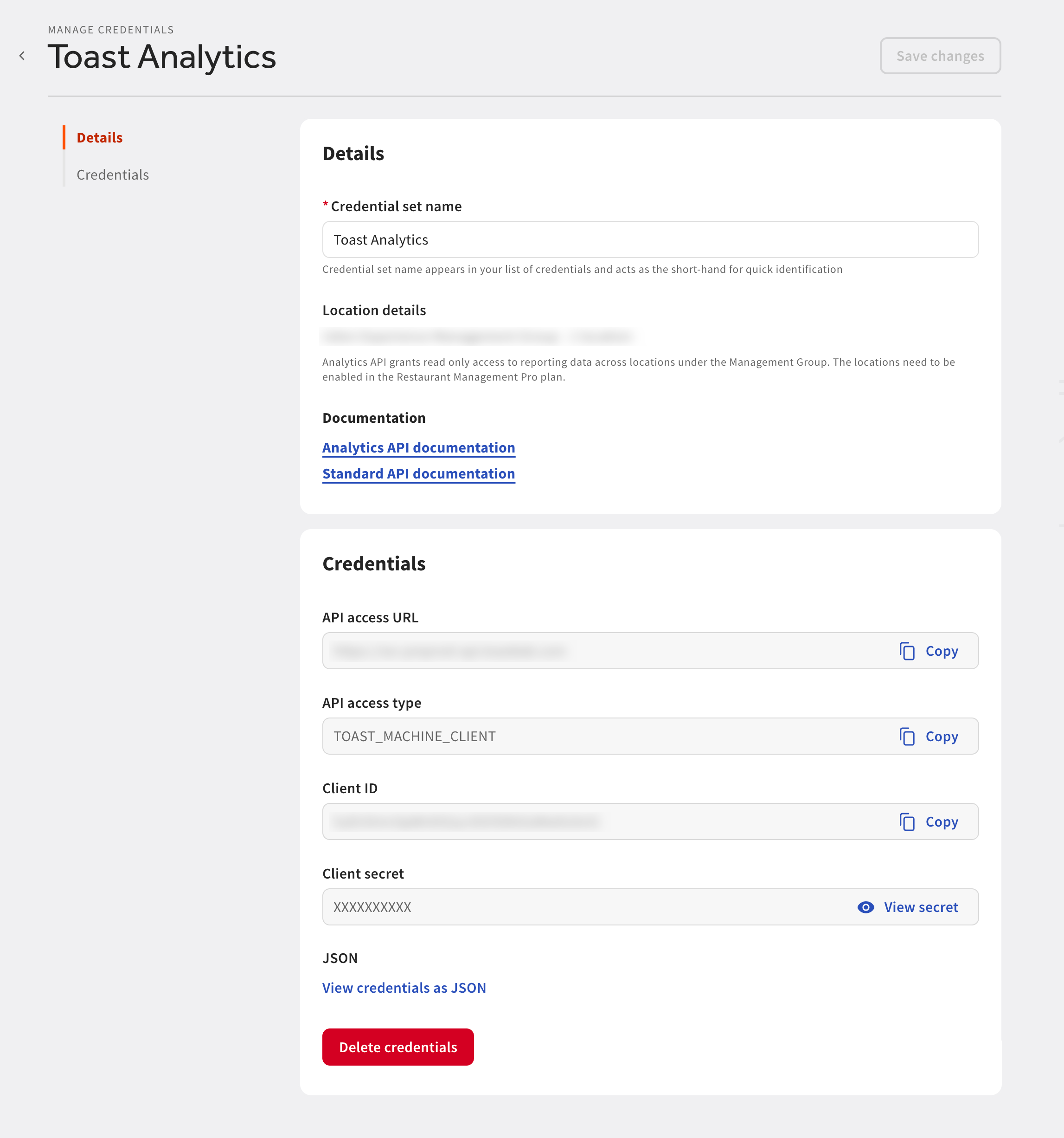 Shows the Credentials page for the credentials just created.