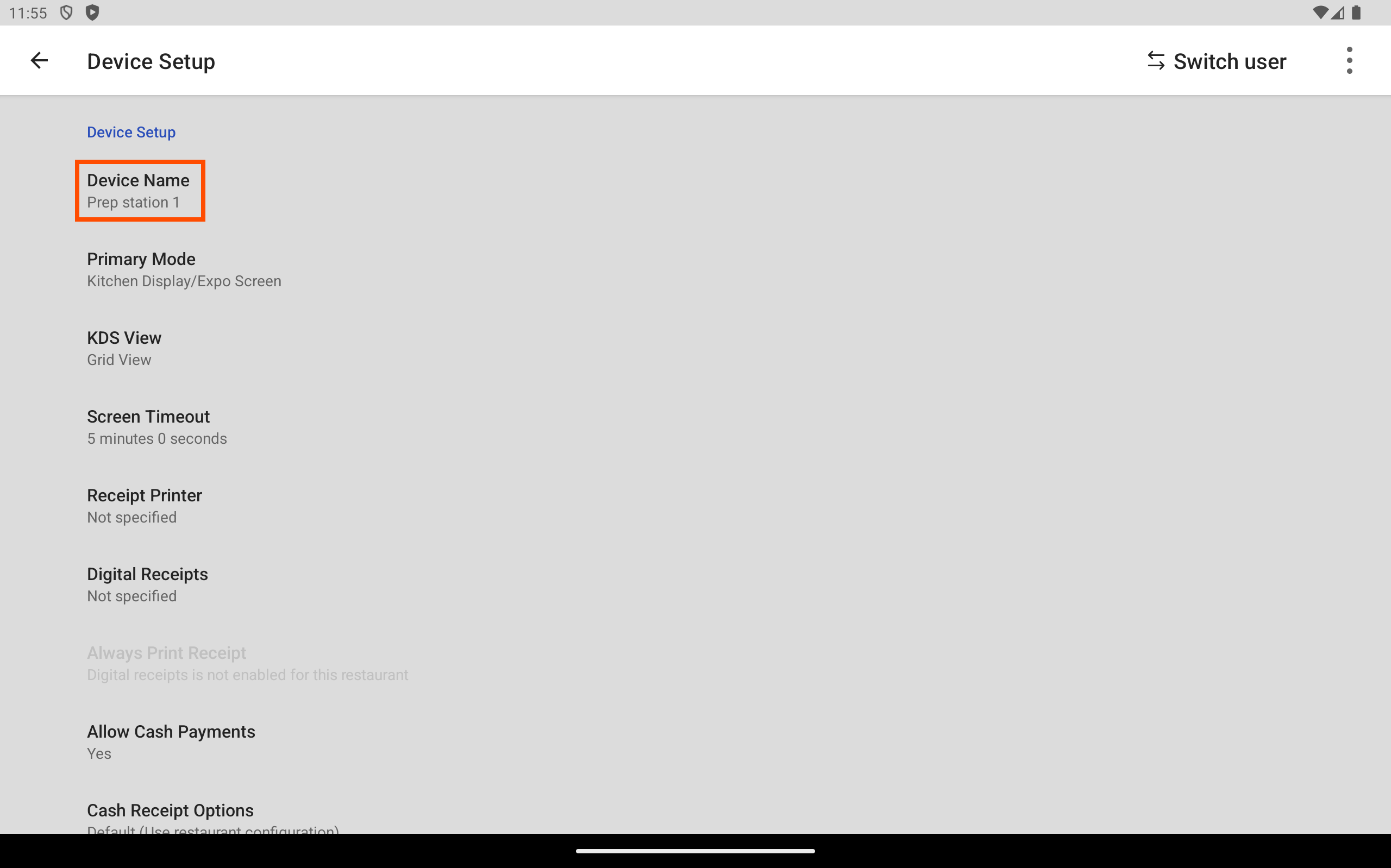 The Toast POS app with the Device Setup screen open, emphasizing the device name value.
