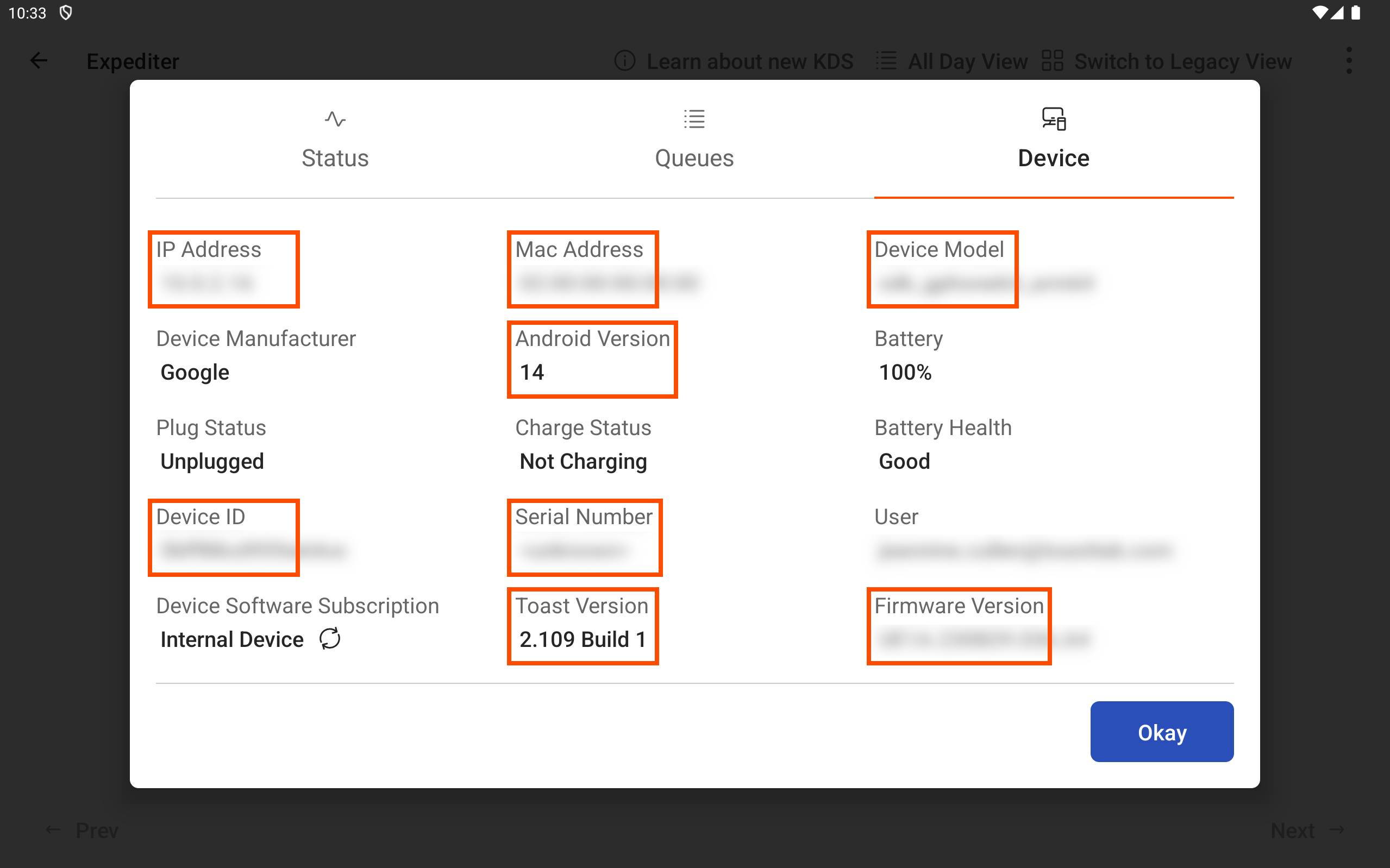 The Toast POS app with the Device status dialog and Device tab open, emphasizing the IP Address, Device ID, Mac Address, Android Version, Serial Number, Toast Version, Device Model, and Firmware Version.
