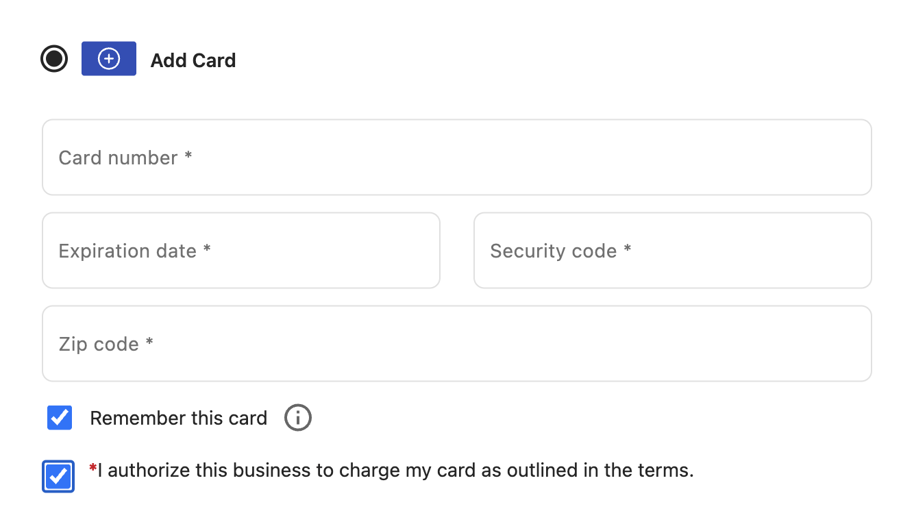 This image shows Remember this card and I authorize this business to charge my card as outlined in the terms checkboxes in the iframe.