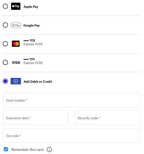 Remember this card checkbox emphasized in an iframe.