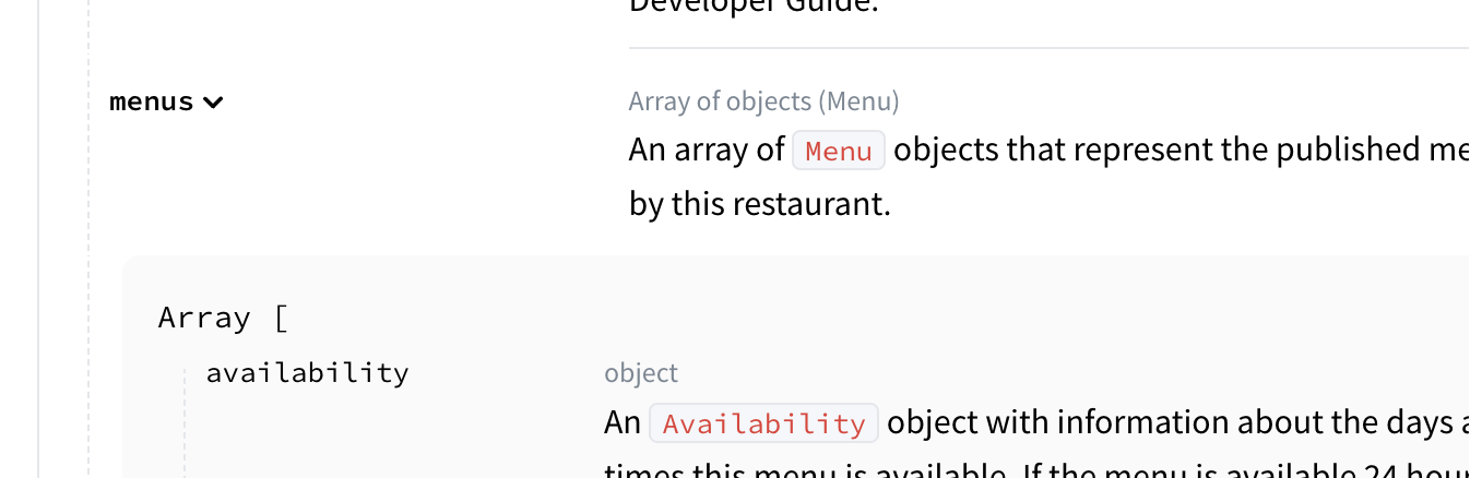An API reference documentation entry for a data object with the contents of a value expanded to show information about the array of objects it holds.