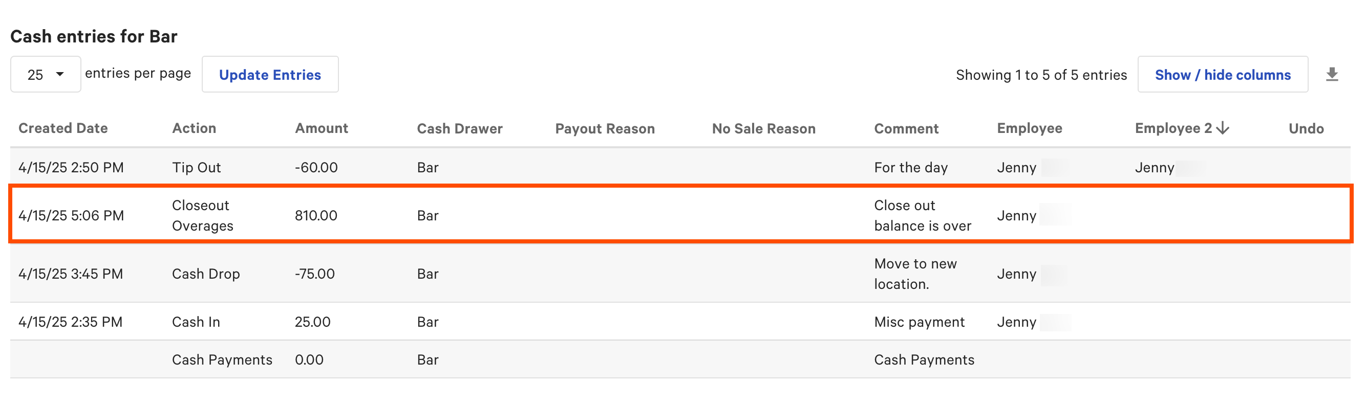 Close Cash Drawer entry on the Cash entries table in Toast Web.