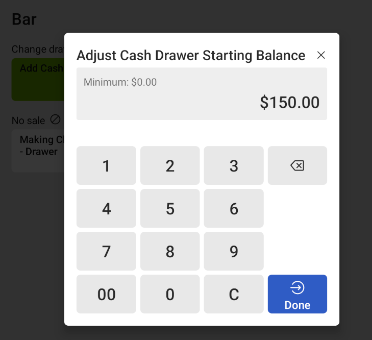 Adjust cash drawer starting balance dialog.