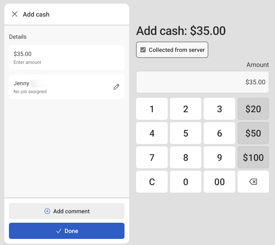 Cash collected entry on the Toast POS device.