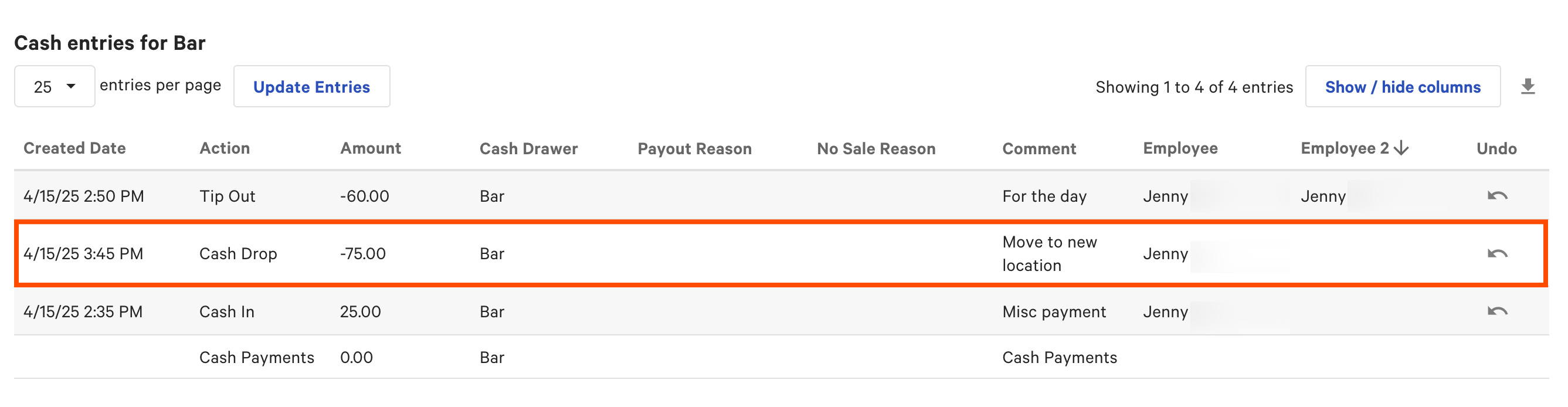 Cash Drop entry on the Cash entries table in Toast Web.