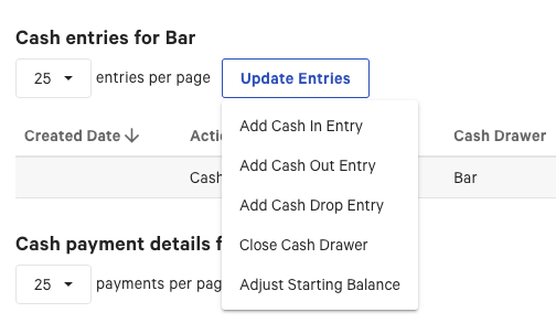 Cash entries table showing Update entries dropdown menu actions.