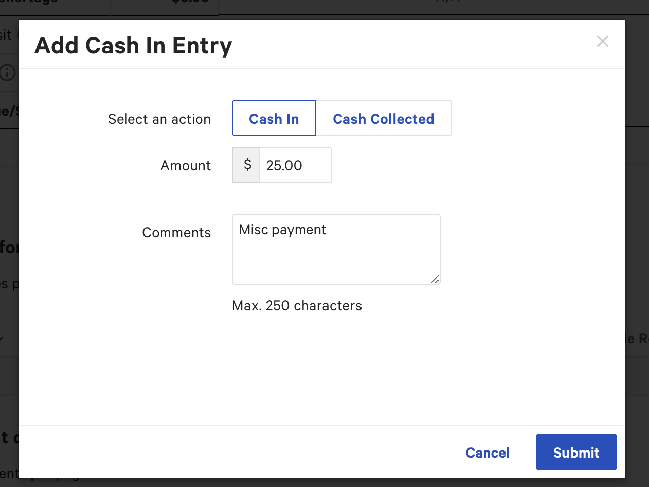 Cash In entry dialog in Toast Web.