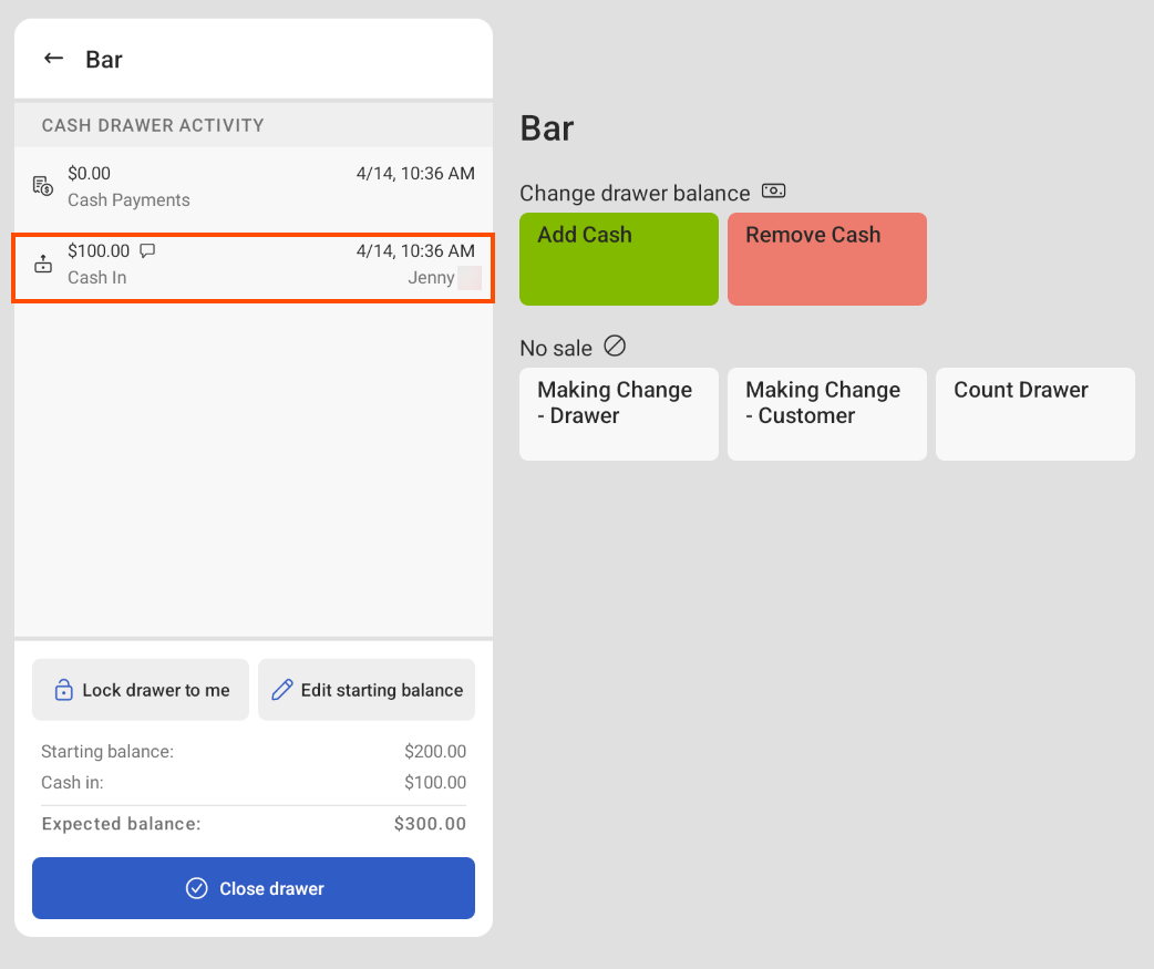 Cash in entry on the Toast POS device.