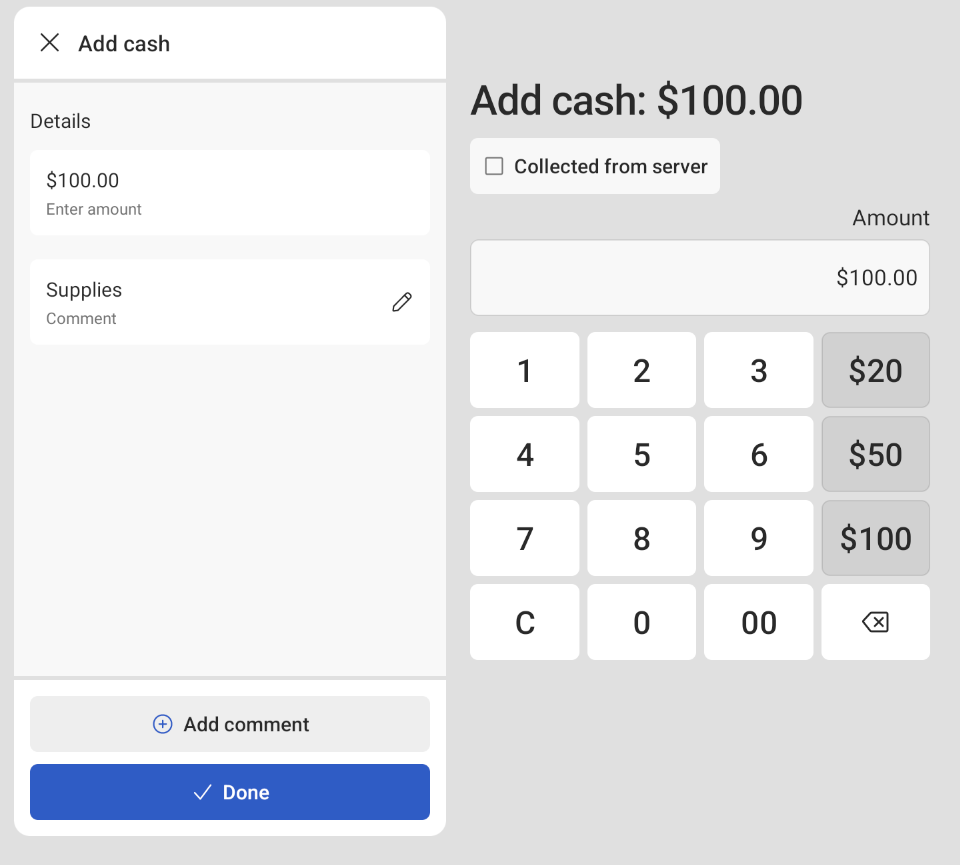 Cash in dialog on the Toast POS device.
