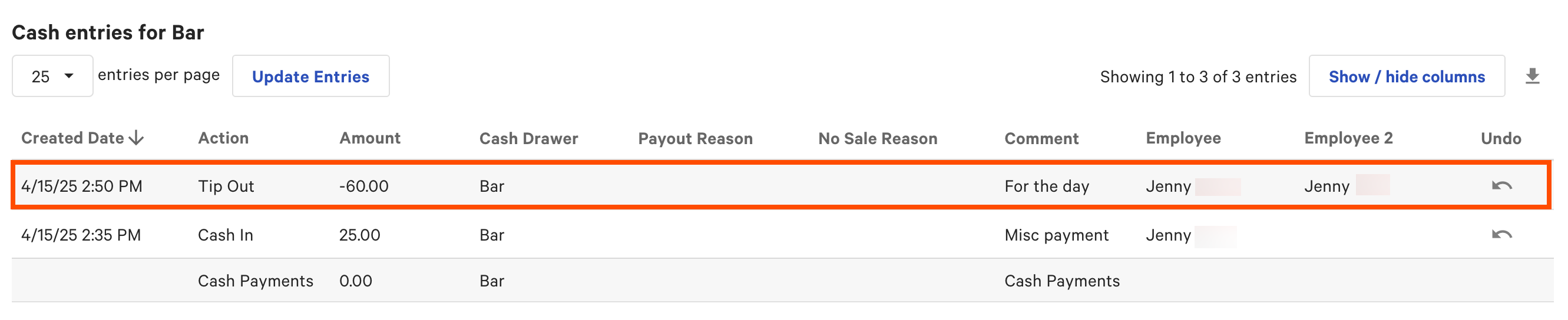 Cash Out entry on the Cash entries table in Toast Web.