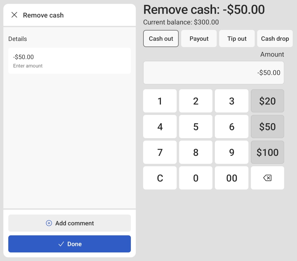 Cash out entry on the Toast POS device.