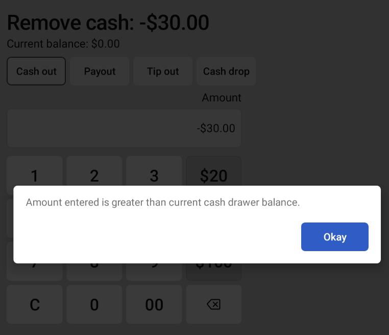 Cash out amount greater than current cash drawer balance dialog.