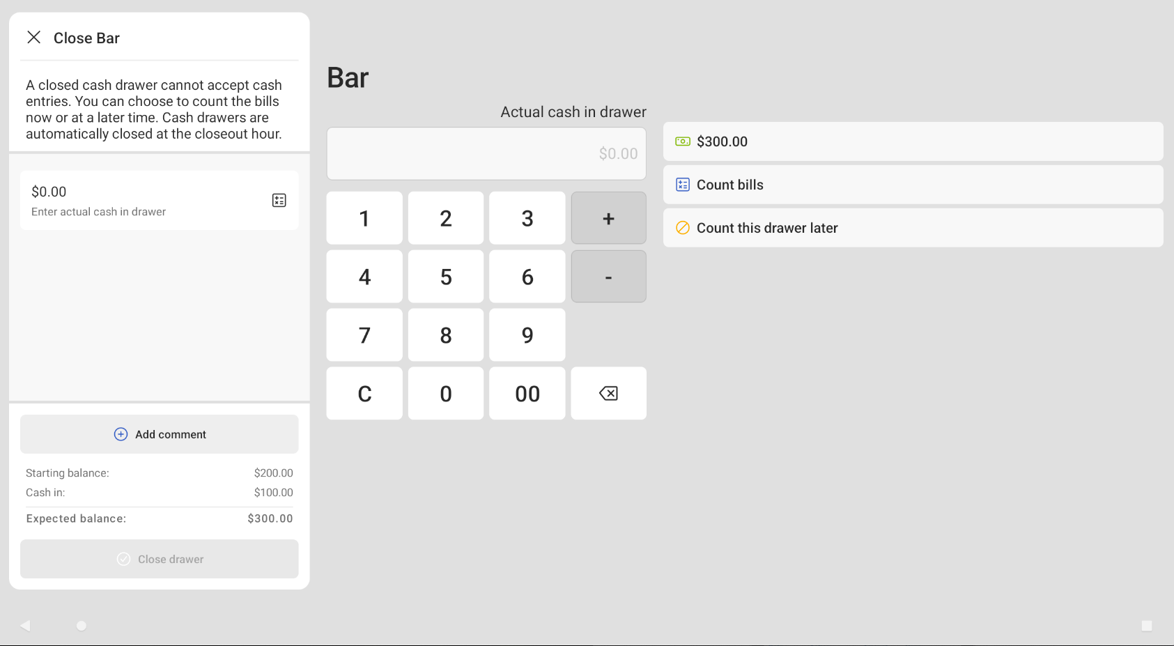 Close cash drawer screen on the Toast POS device.