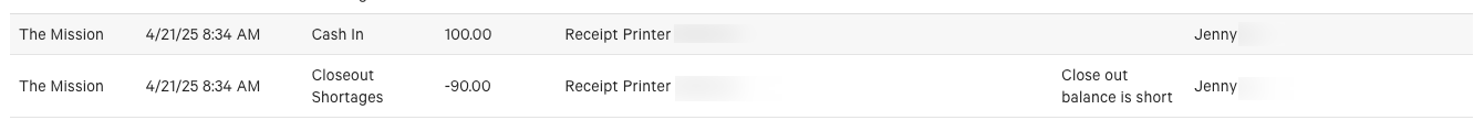 Closeout shortage comment on cash entry dialog.