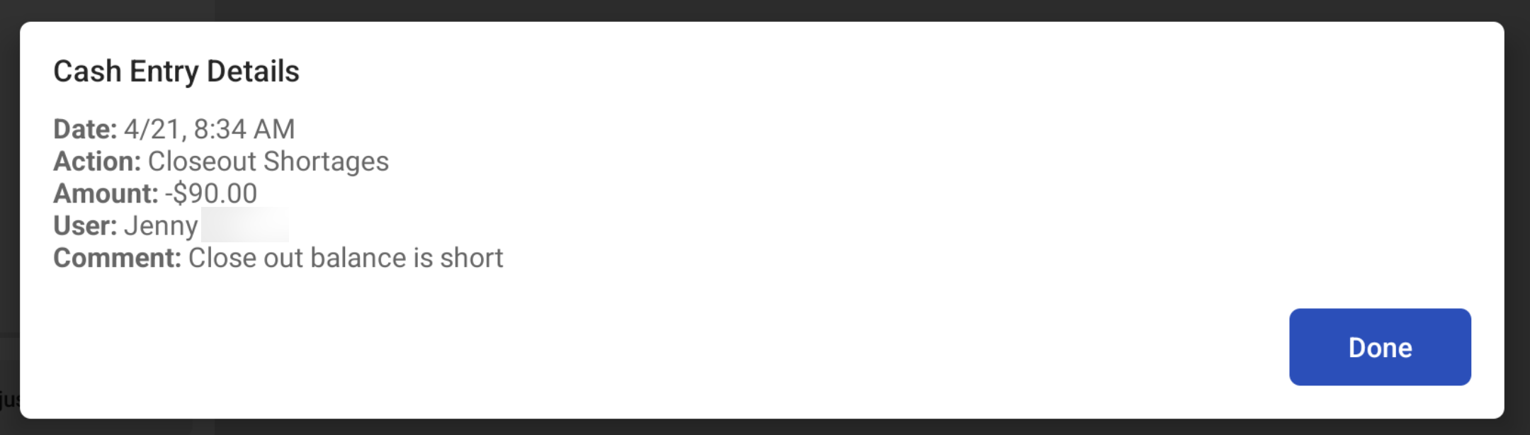 Closeout shortage comment on cash entry dialog.