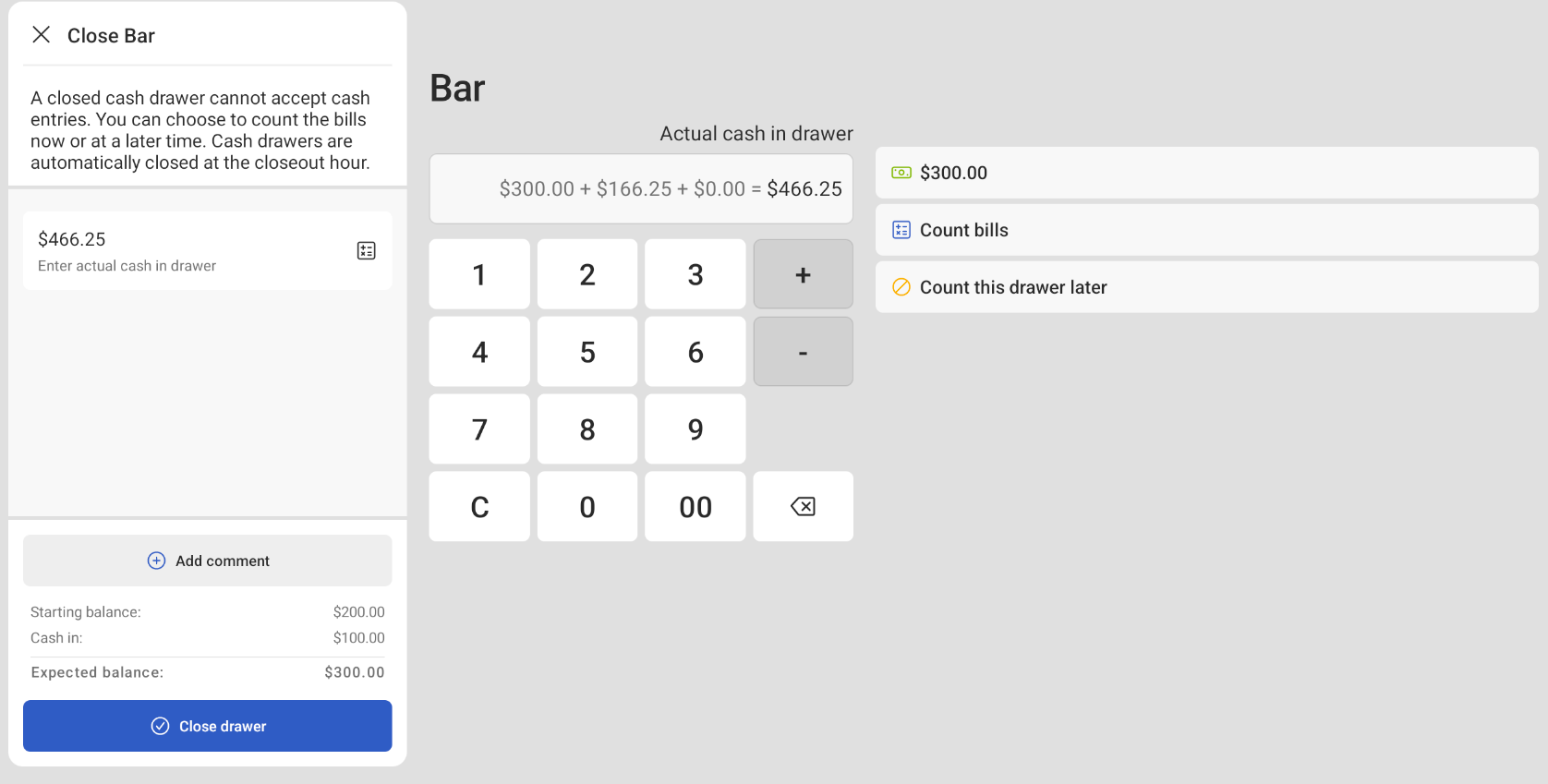 Close cash drawer screen with bill and coin count shown.