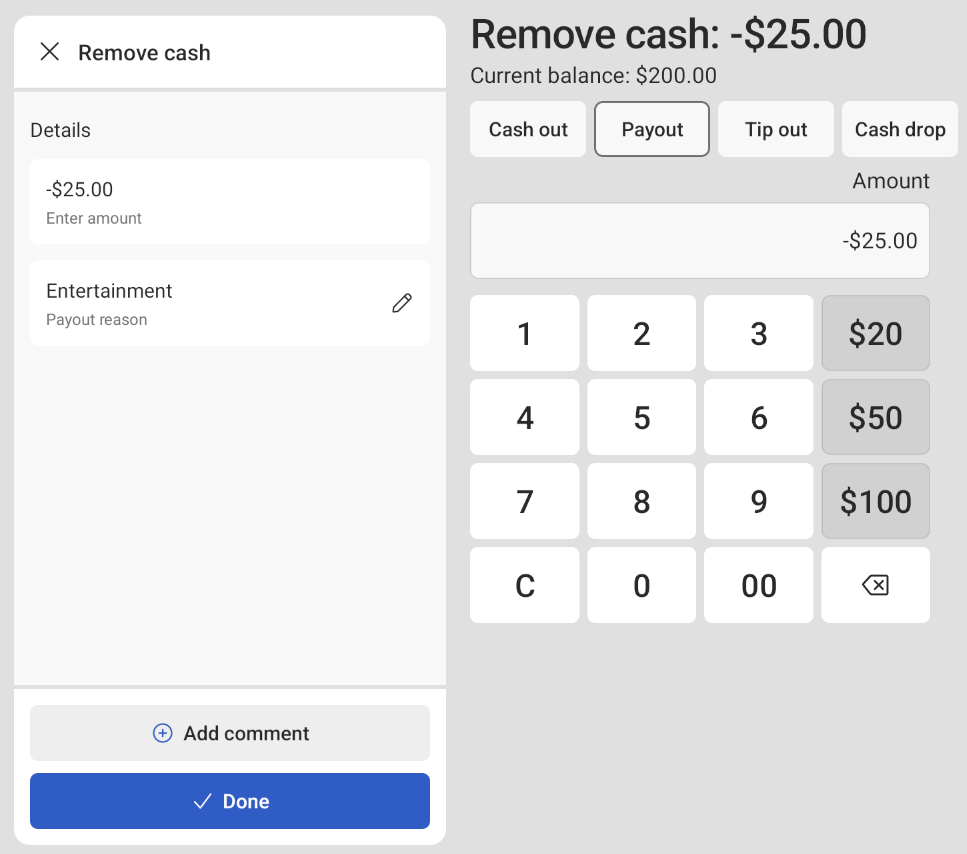 Payout entry on the Cash drawers screen on the Toast POS device.