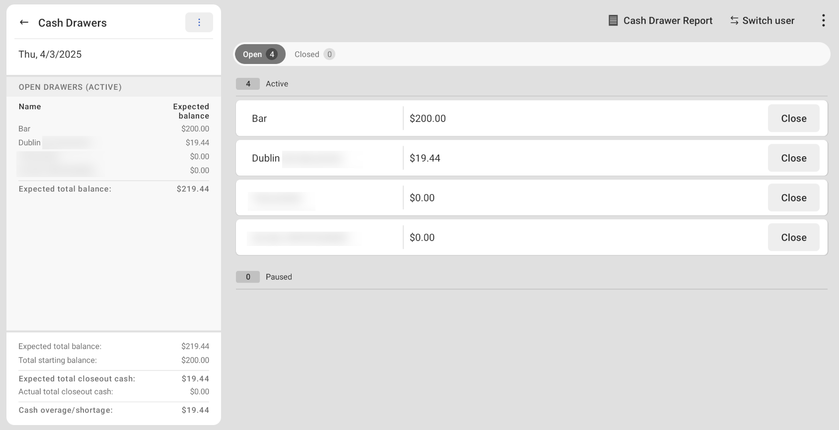Shows the Cash Drawers screen on the Toast POS device.