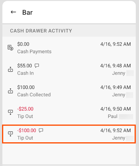 Undo cash entry on the cash drawer activity panel.