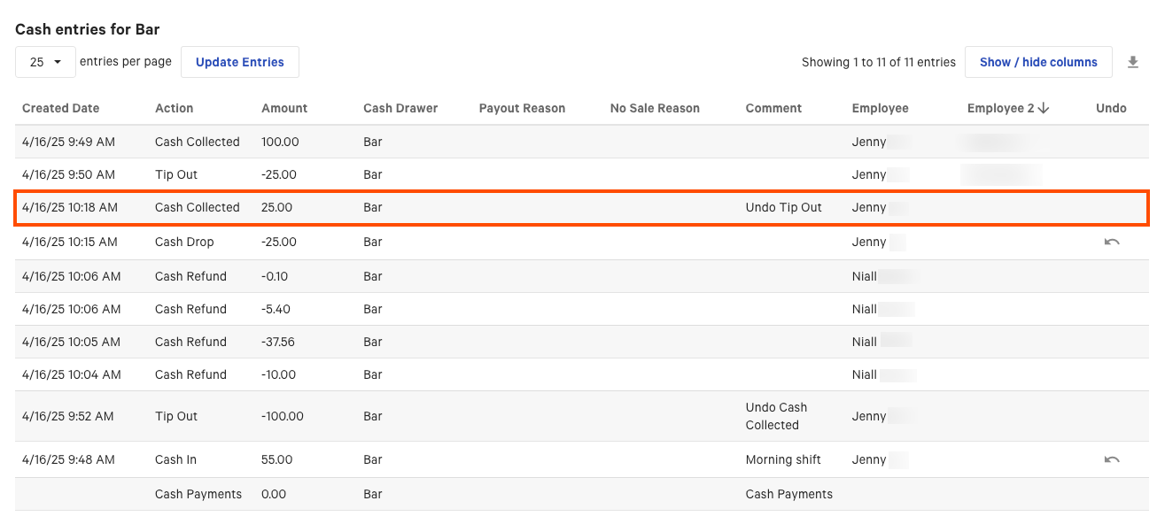 Shows the undo cash entry on the Cash entries table in Toast Web.