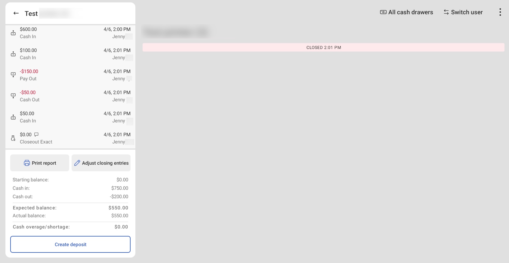 Shows the closed Cash drawer activity screen on the Toast POS device.