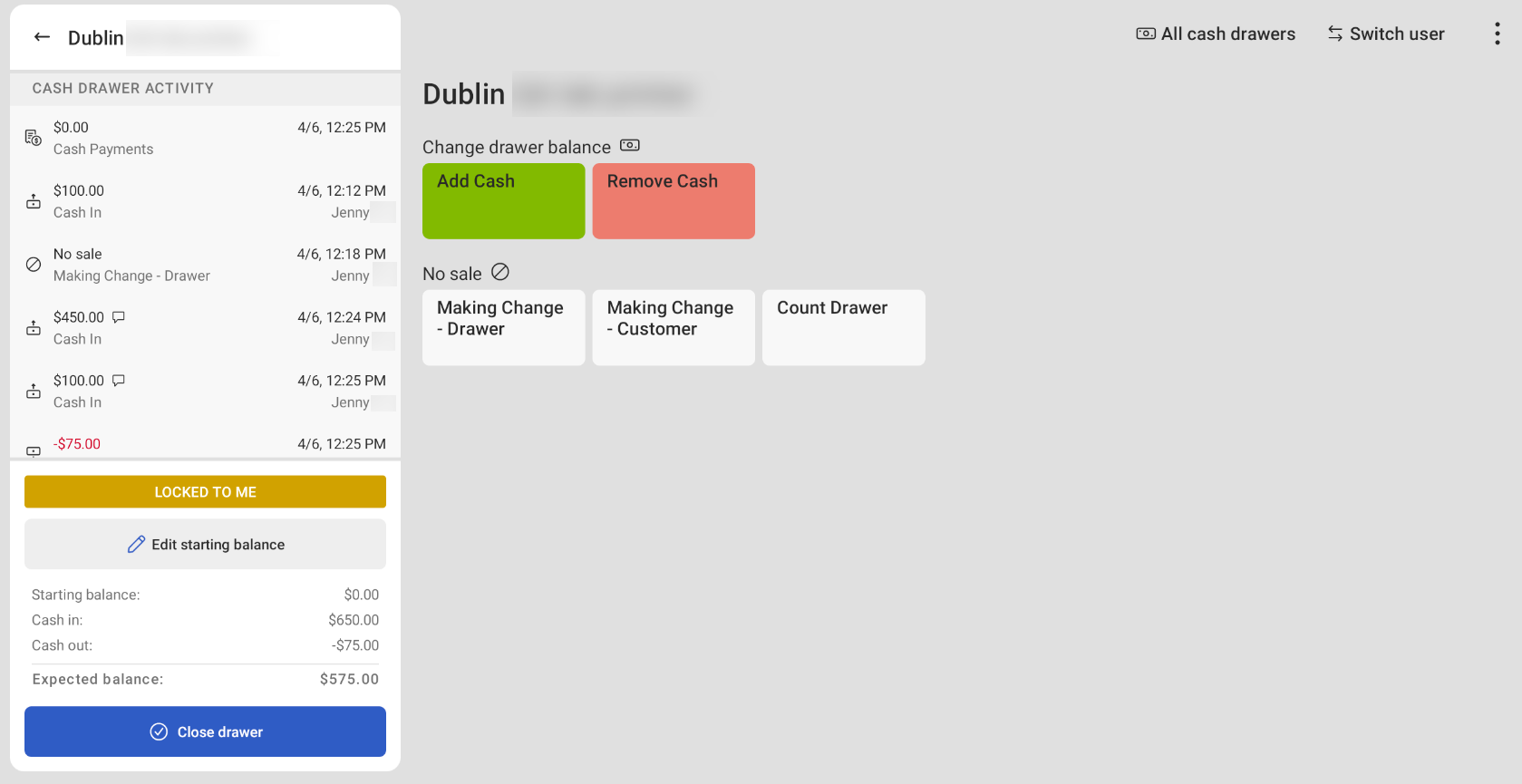 Shows open cash drawer action categories on the Toast POS device.