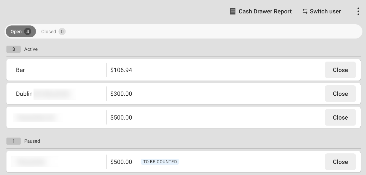 Shows a paused cash drawer on the Toast POS device.
