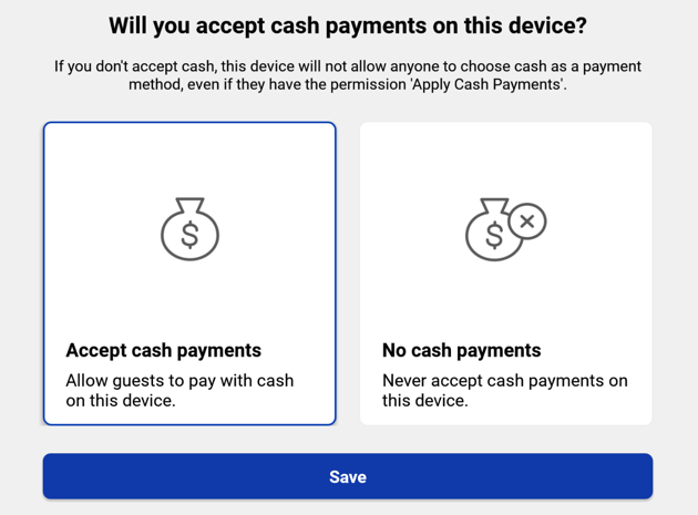 The "Allow Cash Payments" dialog is displayed on the Toast POS device.