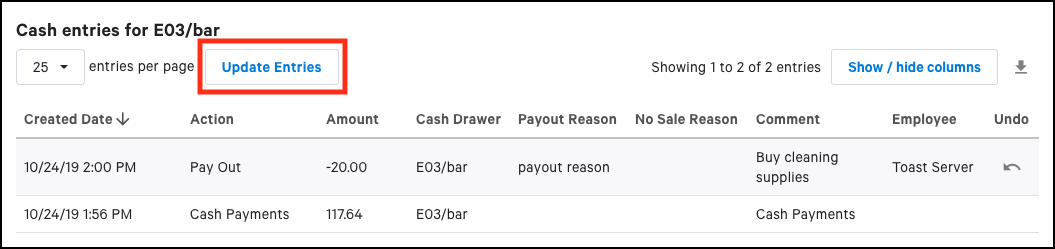 The cash drawer back-end operations available in the Cash Drawer History report.
