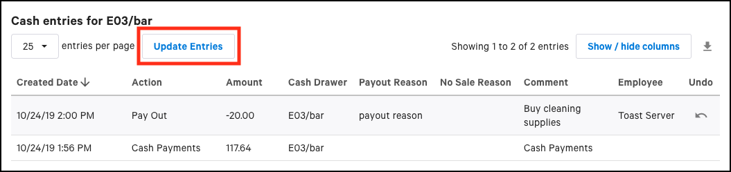 The cash drawer Toast Web operations available in the Cash Drawer History report.