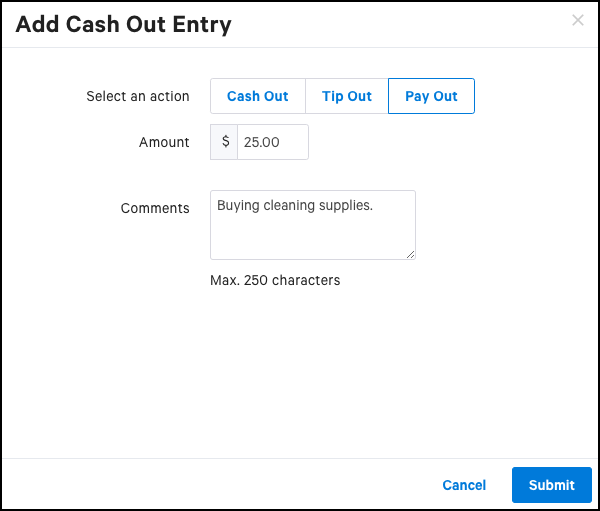 A cash entry done from the Toast administrative back-end.