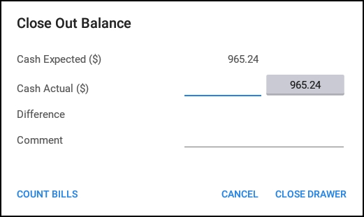 The Toast POS device showing the Close Out Balance dialog.