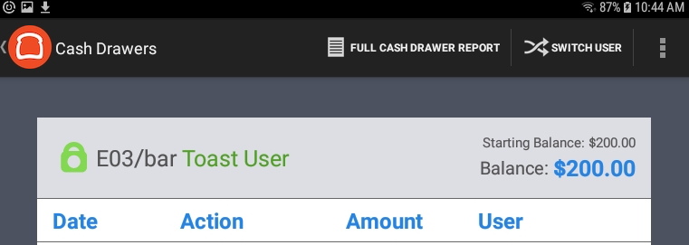 The Toast POS device showing the closed lock icon in a cash drawer view.