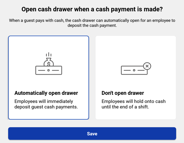The "Open Cash Drawer" dialog is displayed on the Toast POS device.