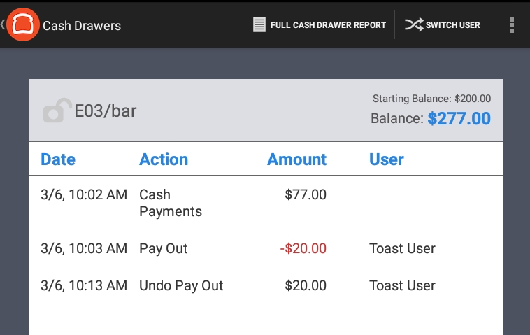 The Toast POS device showing a cash drawer with an undone cash entry.