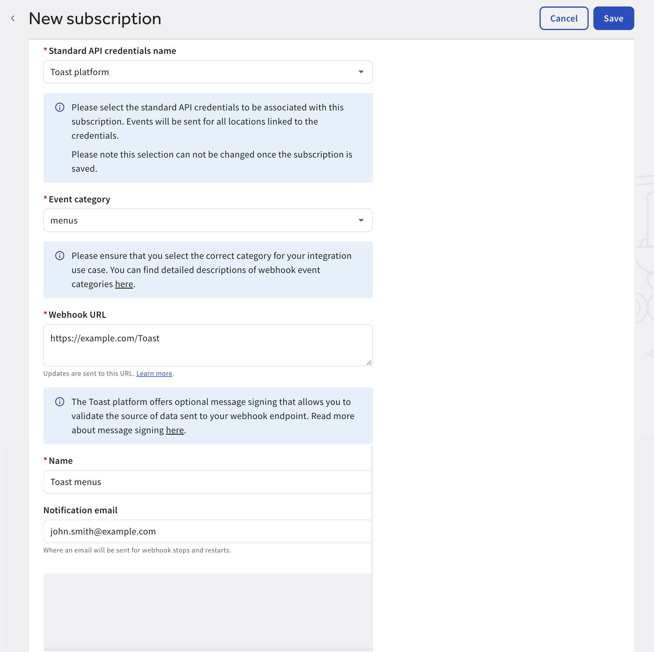 Shows the Create webhook subscription page in Toast Web.