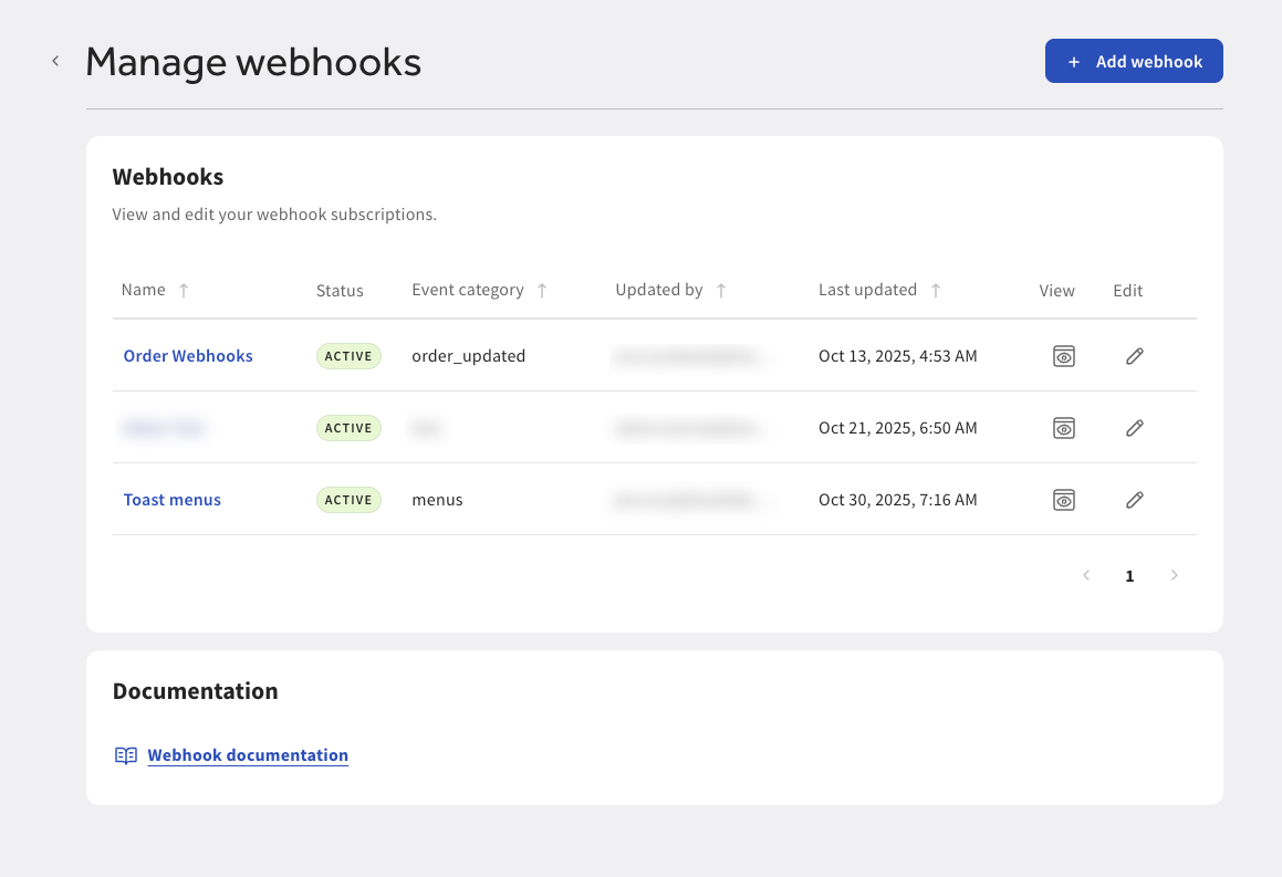 Shows new webhook subscription on the Manage webhooks page in Toast Web.