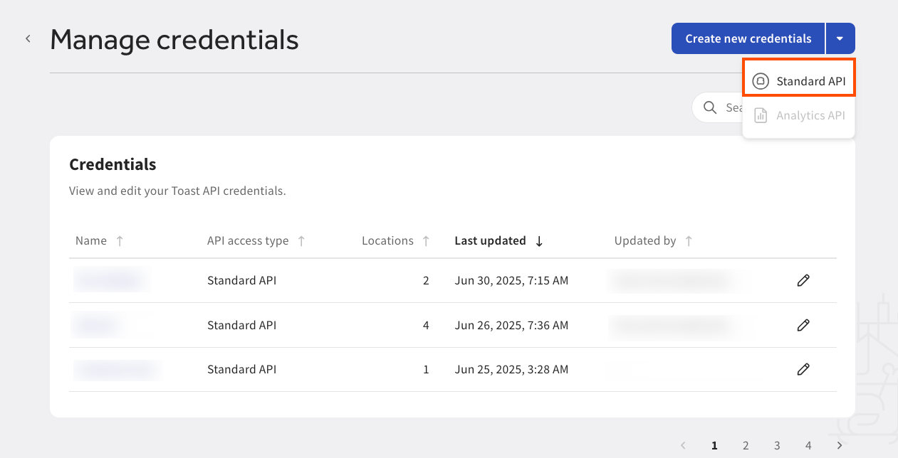Shows the Manage credentials page with the Standard API button emphasized.