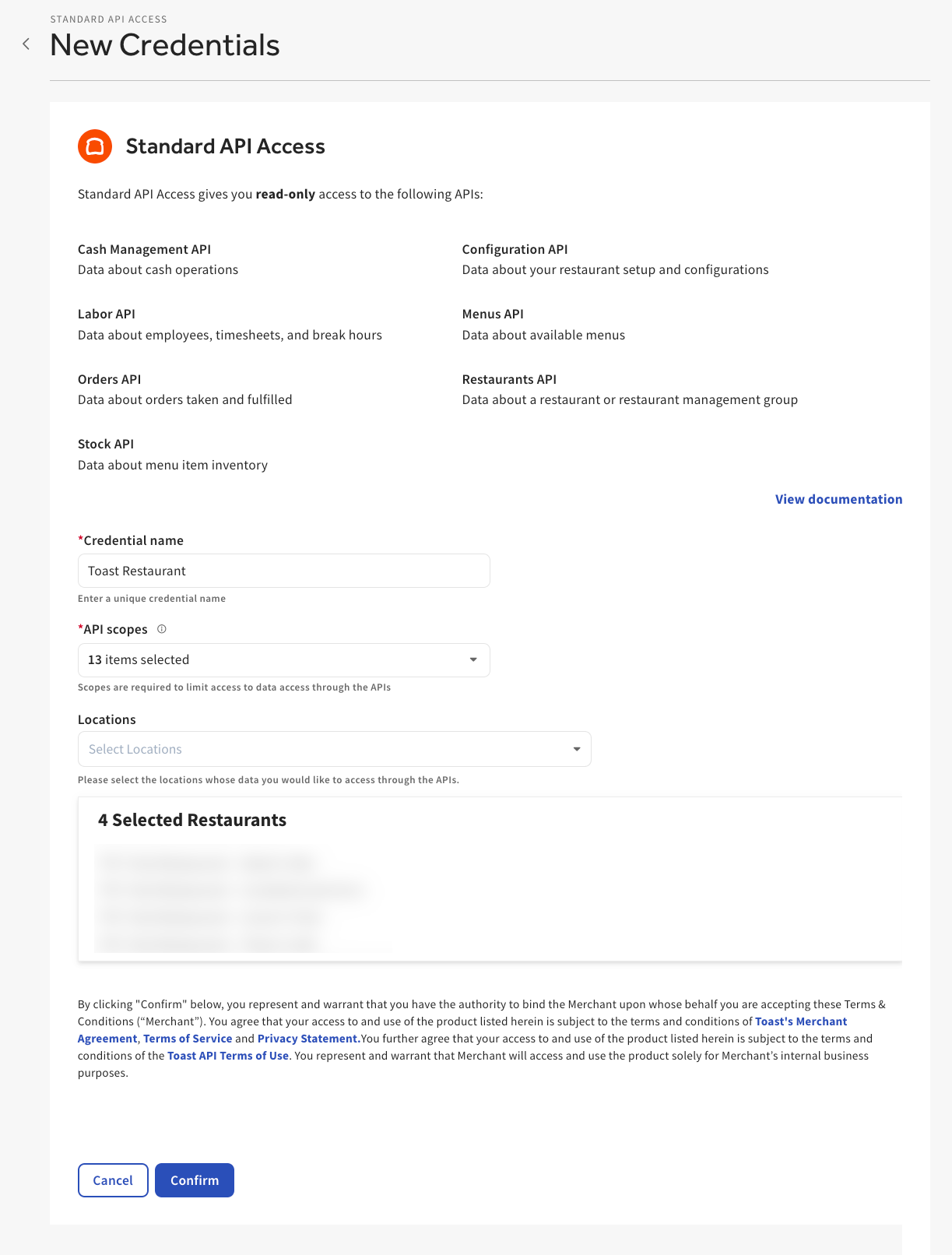 Shows the credential name, API scopes, and locations fields on the New Credentials page.