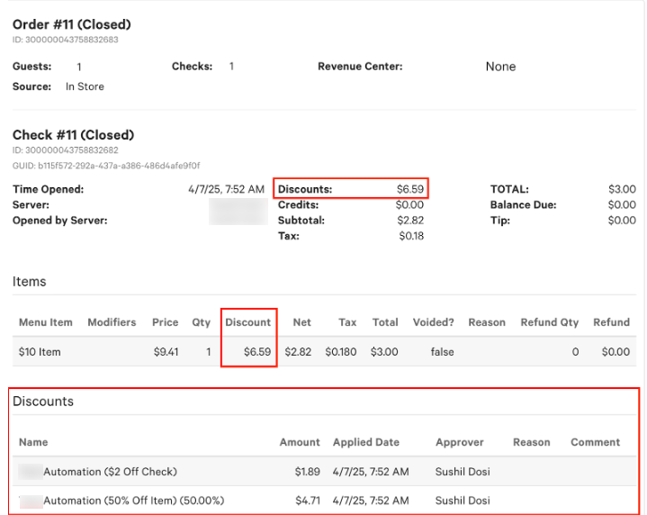 Screenshot of the single order view highlighting the described discount fields.