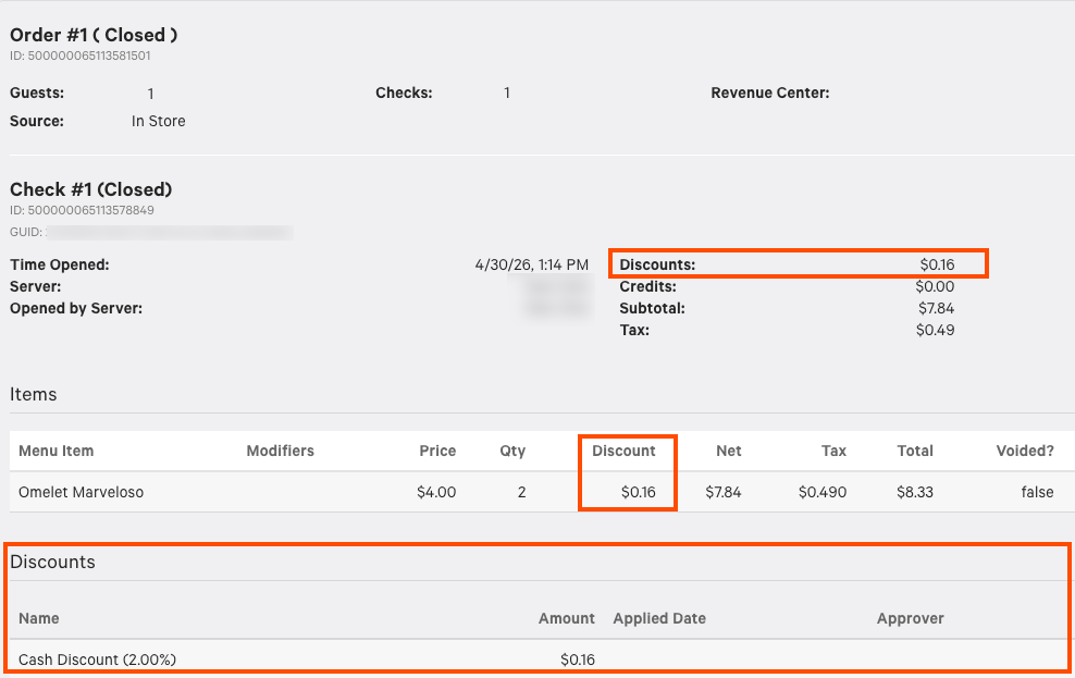 Diagram of the Orders details report highlighting the described discount fields.