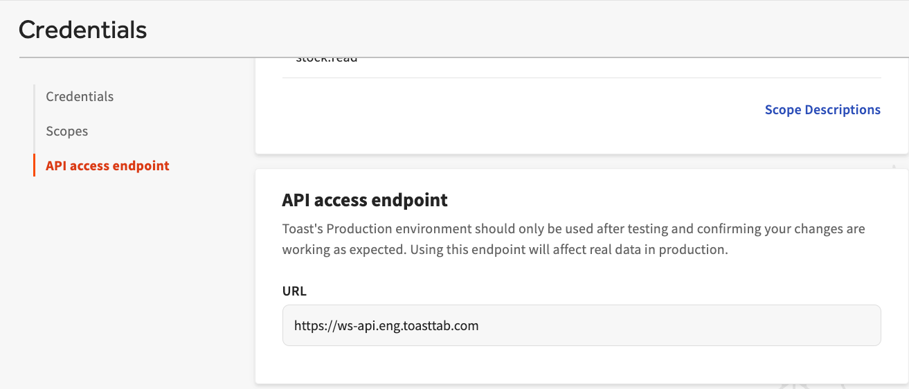 Toast developer portal API access point page.