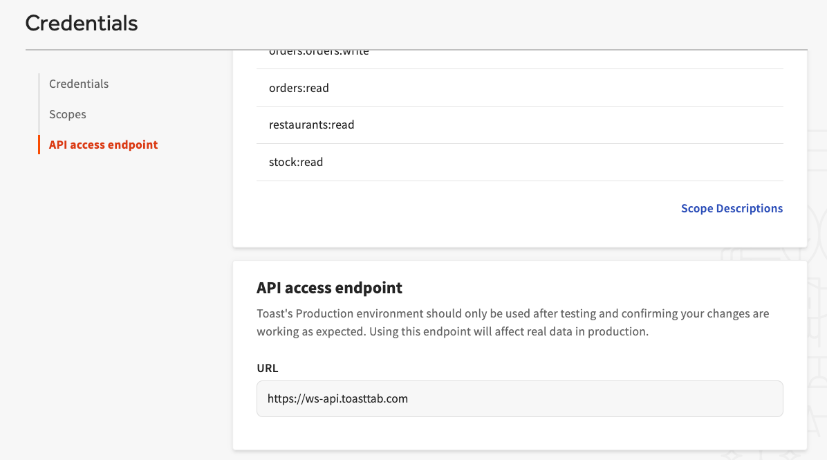 Toast developer portal API access point page.