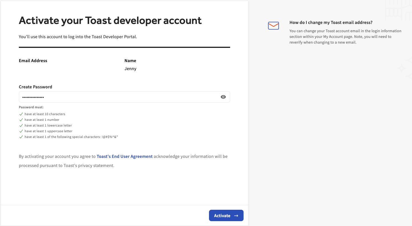Toast developer portal account activation page.