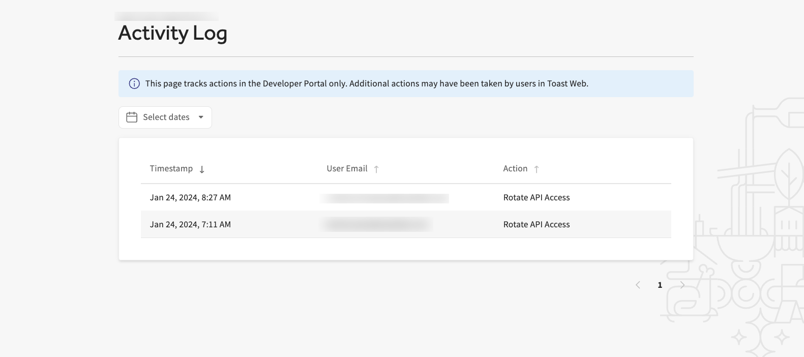 Toast developer portal Activity log page.