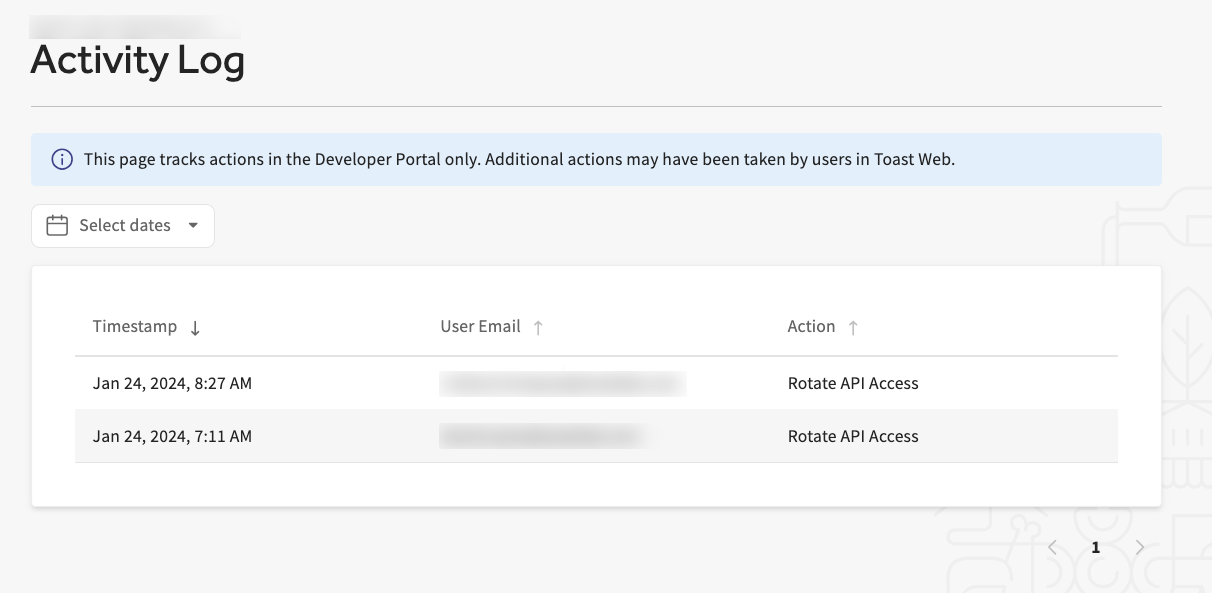 Toast developer portal Activity log page.